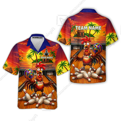 Custom Bowling Jersey Polo Shirt, Funny Tropical Island Rooster Strike, Custom Bowling Jersey Team Shirt For Players With Name and Team Name