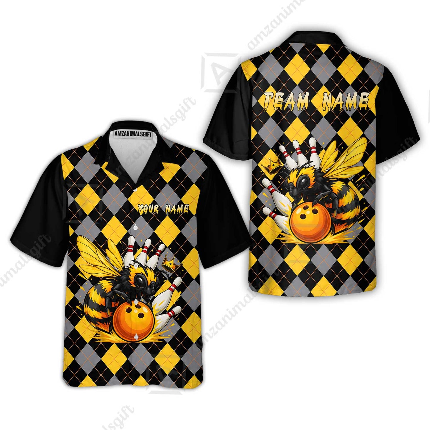 Custom Bowling Jersey Polo Shirt, Argyle Bee Mascot, Custom Bowling Jersey Team Shirt For Players With Name and Team Name