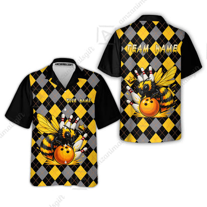 Custom Bowling Jersey Polo Shirt, Argyle Bee Mascot, Custom Bowling Jersey Team Shirt For Players With Name and Team Name