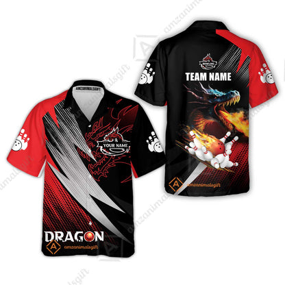 Customized Bowling Jersey Shirt, Personalized Name Dragon Team Red Bowling Ball On Fire Polo Shirt For Men - Perfect Gift For Bowling Lovers