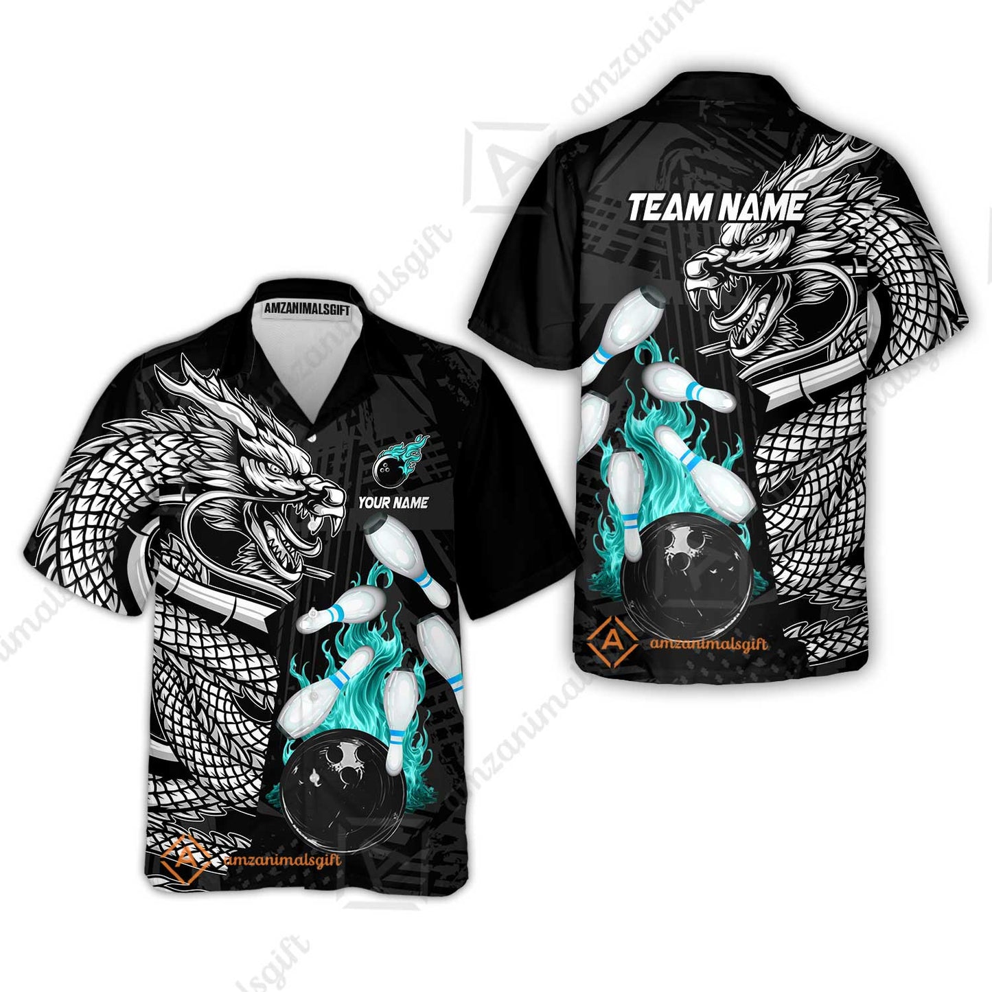 Custom Bowling Team Jerseys Polo Shirts, Bowling uniforms Bowling & Pins Dragon Flame Fire Multicolor Options Personalized Name And Team Name