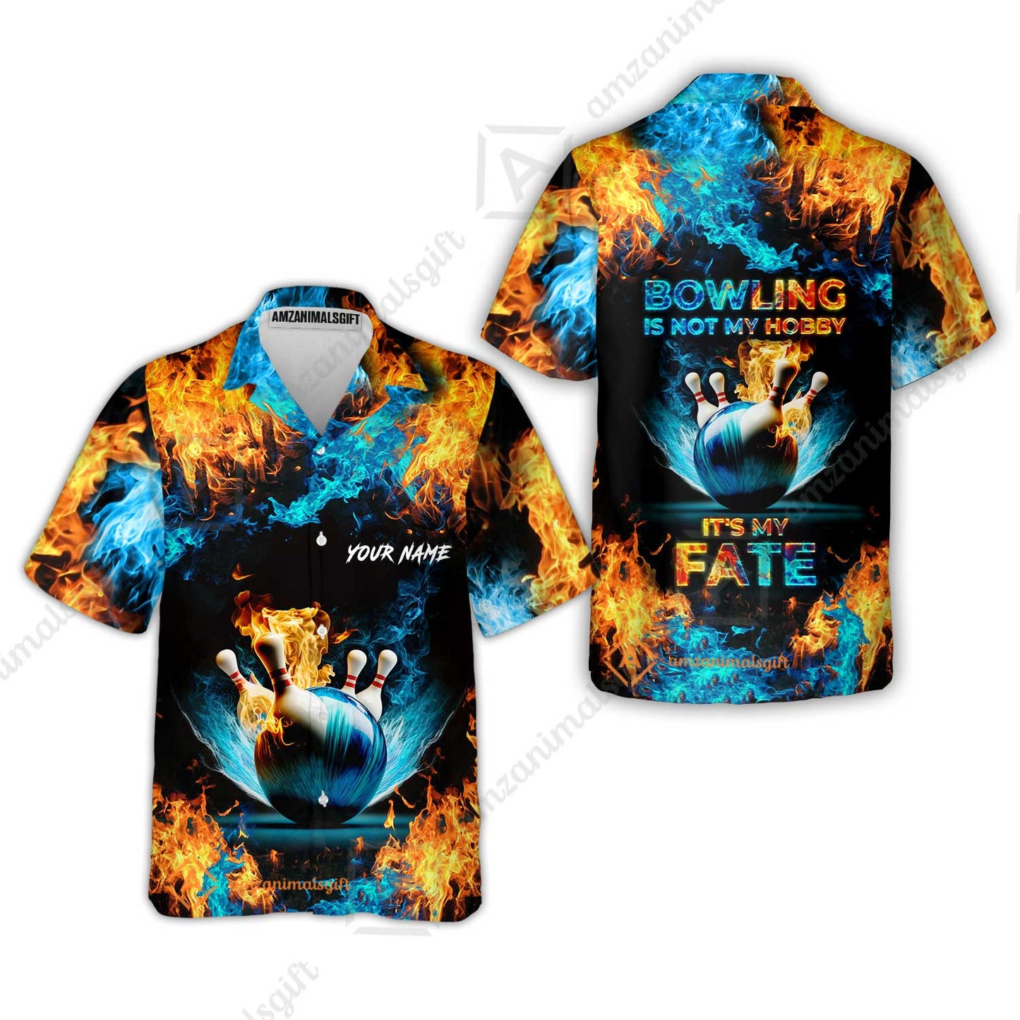 Bowling Custom Zip Polo Shirt - Custom Name Blue Bowling Ball And Pins On Fire Personalized Bowling Zip Polo Shirt