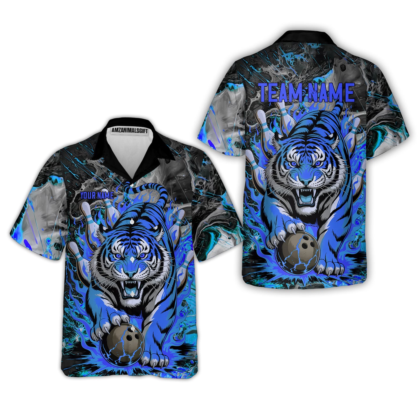 Custom Bowling Team Jersey, Tiger Gripping A Bowling Ball, Bowling Uniforms, Personalize Name And Team Name