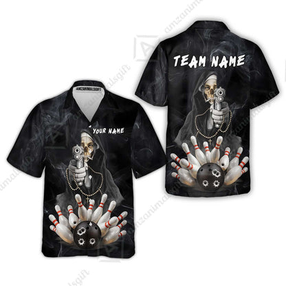 Custom Bowling Jersey Polo Shirt, Badass Smoking Skeleton Nun Gun Strike, Custom Bowling Jersey Team Shirt For Players With Name & Team Name