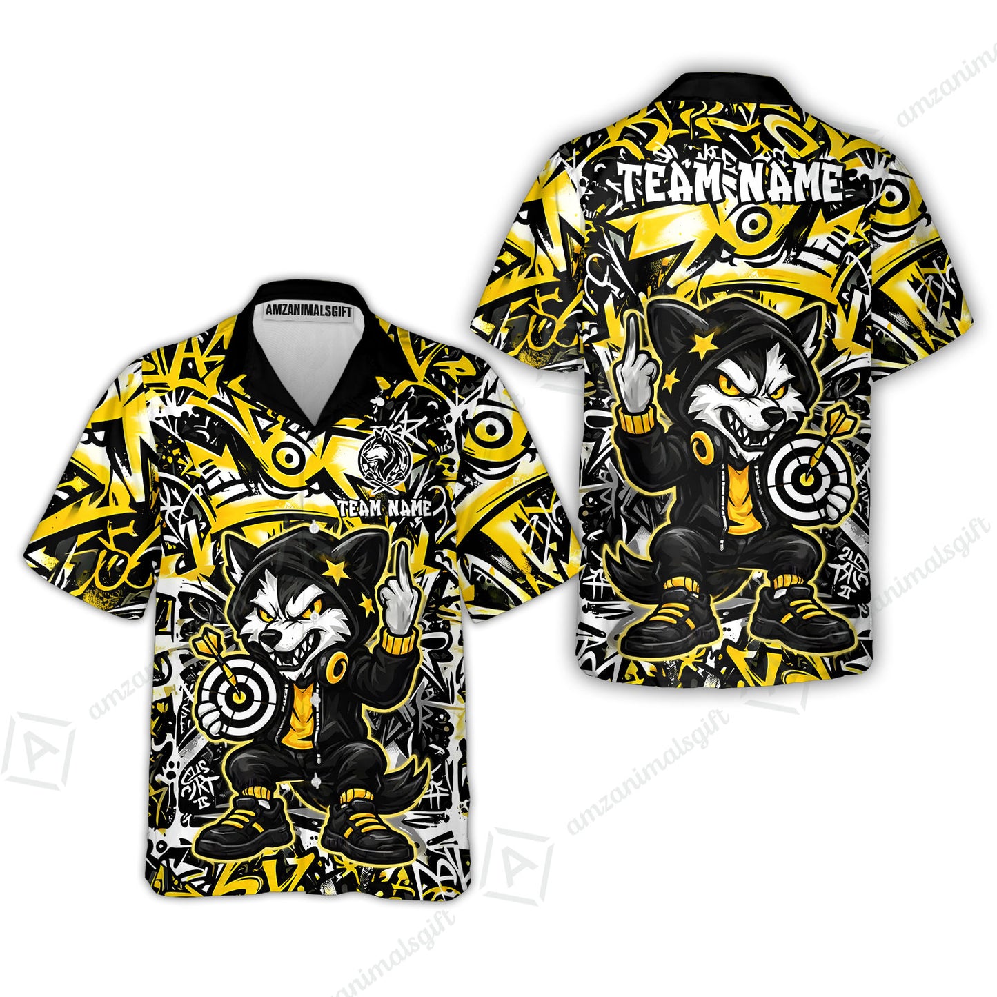 Customized Darts Team Uniform Shirt, Cool Cartoon Wolf With Dartboard, Personalized Name And Team Name