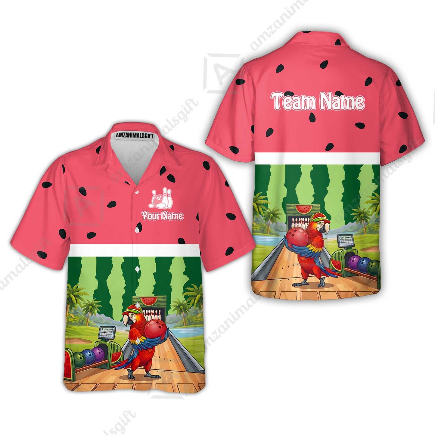Custom Bowling Jersey Polo Shirt, Tropical Watermelon Parrot Macaw, Custom Bowling Jersey Team Shirt For Players With Name and Team Name