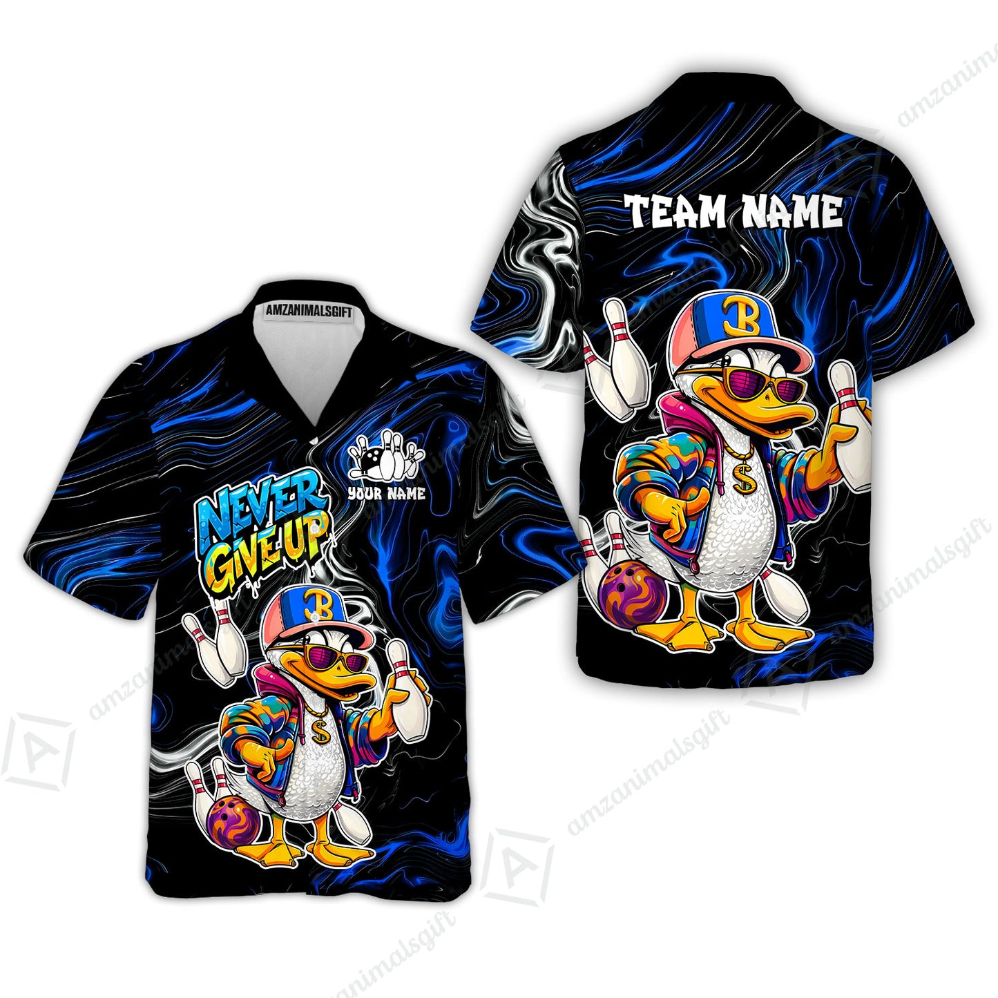 Custom Bowling Jersey Polo Shirt, Duck Never Give Up, Custom Bowling Jersey Team Shirt For Players With Name & Team Name