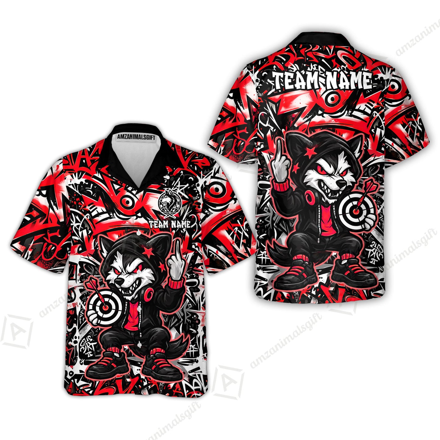 Customized Darts Team Uniform Shirt, Cool Cartoon Wolf With Dartboard, Personalized Name And Team Name