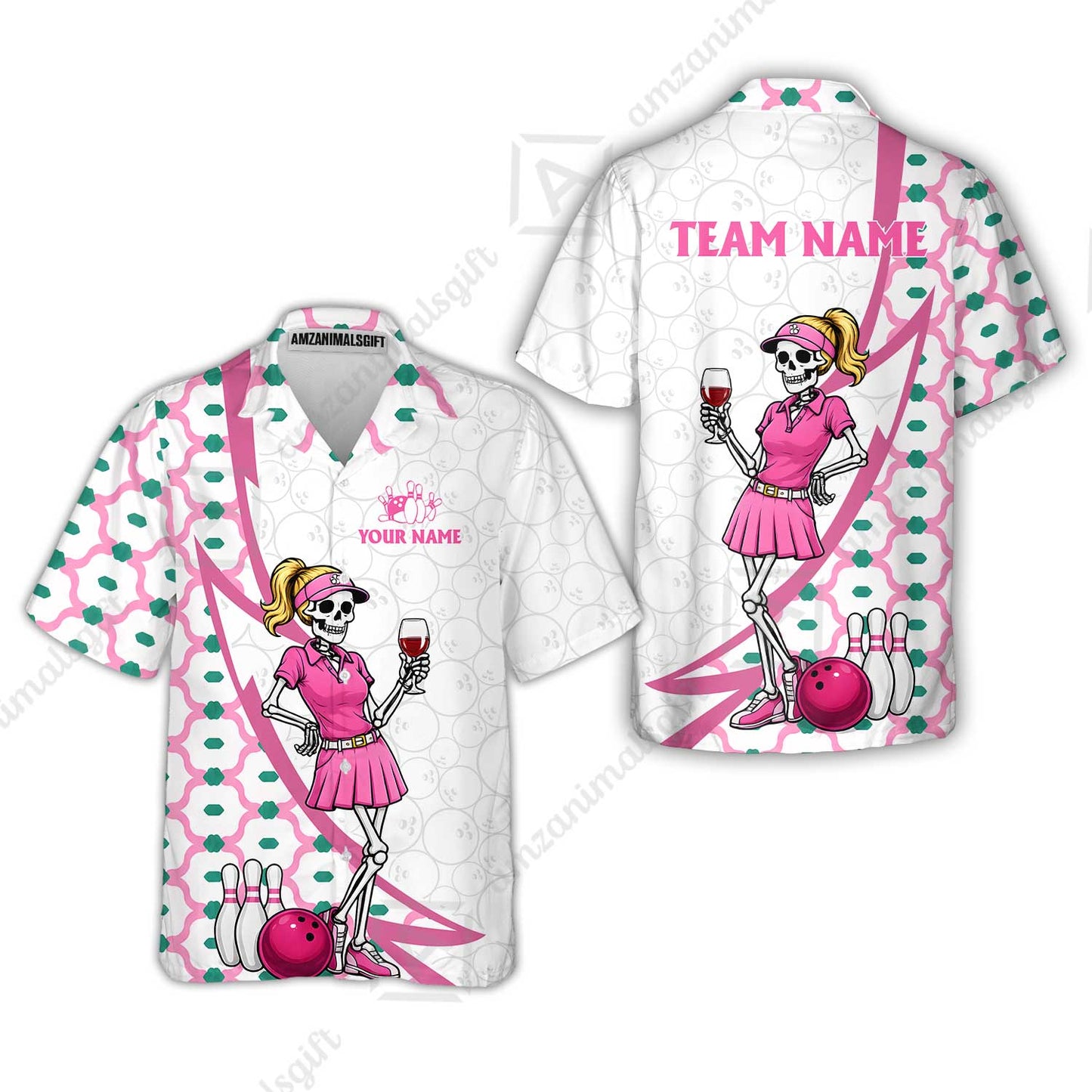 Custom Bowling Jersey Polo Shirt, Pink Skeleton Bowling, Personalize Name and Team Name