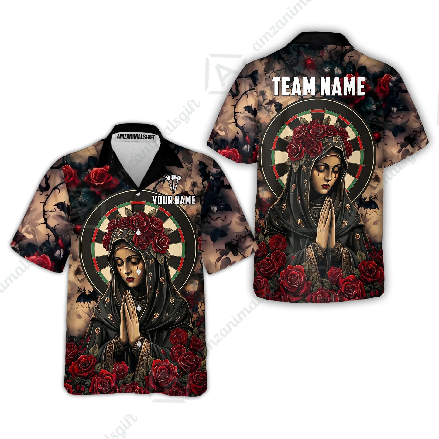 Custom Darts Jersey Polo Shirt, Gothic Madonna And Blue Rose, Custom Dart Jersey Team Shirt For Players With Name & Team Name