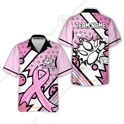 Customized Bowling Team Polo Jersey, Bowling Pink Ribbon Comic Style Uniform Shirt For Bowlers