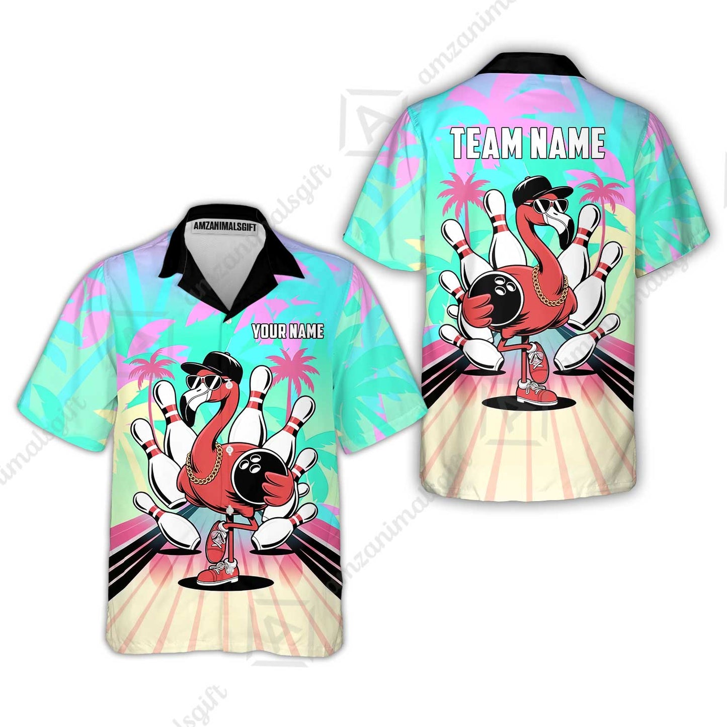 Custom Bowling Jersey Polo Shirt, Sunset Lanes Flamingo, Custom Bowling Jersey Team Shirt For Players With Name and Team Name