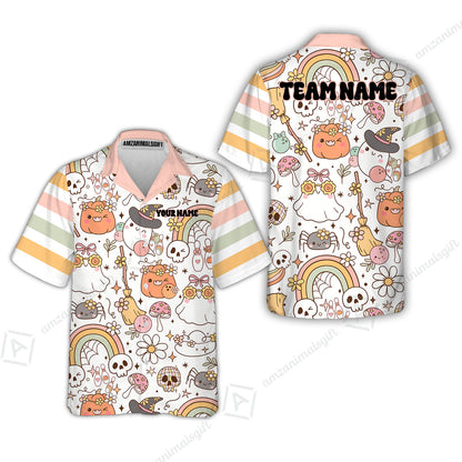 Customized Bowling Shirt, Mushroom Ghost Cute Rainbow Halloween Pattern Bowling, Personalized Polo Shirt For Players With Name & Team Name