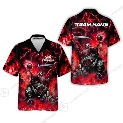 Custom Bowling Team Quarter-Zip Polo Shirt, Grim Reaper Skull With Flame Bowling Lightning Design for Bowlers, Personalized Shirt with Name and Team Name