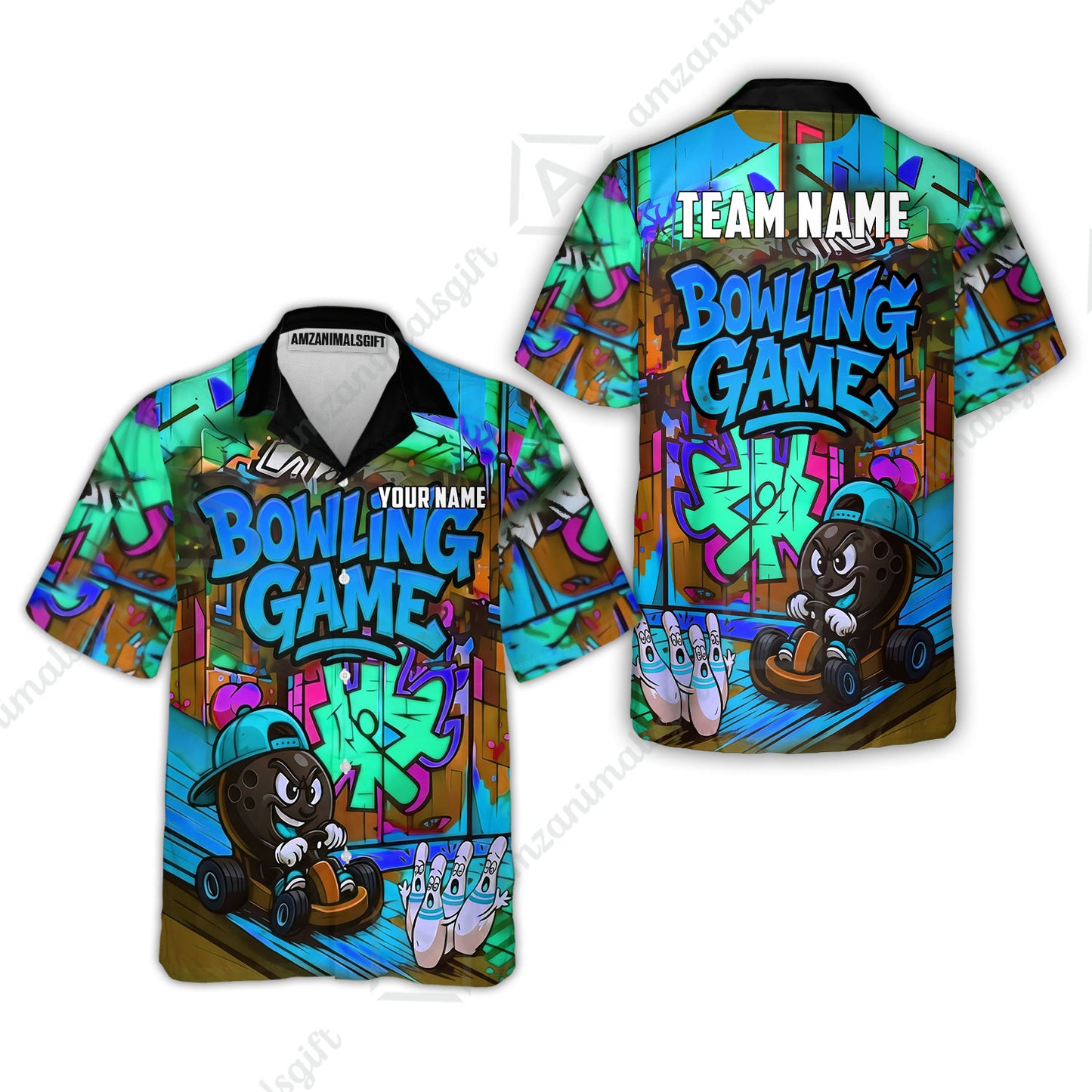 Custom Bowling Jersey Polo Shirt, Street Graffiti Go Kart Ball, Custom Bowling Jersey Team Shirt For Players With Name and Team Name