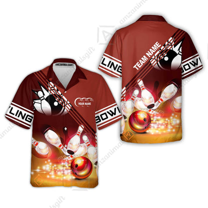 Customized Bowling Jersey Shirt, Red Bowling Ball Crashing into the Pins Personalized Name Team Name Logo Polo Shirts for Tom Taylor