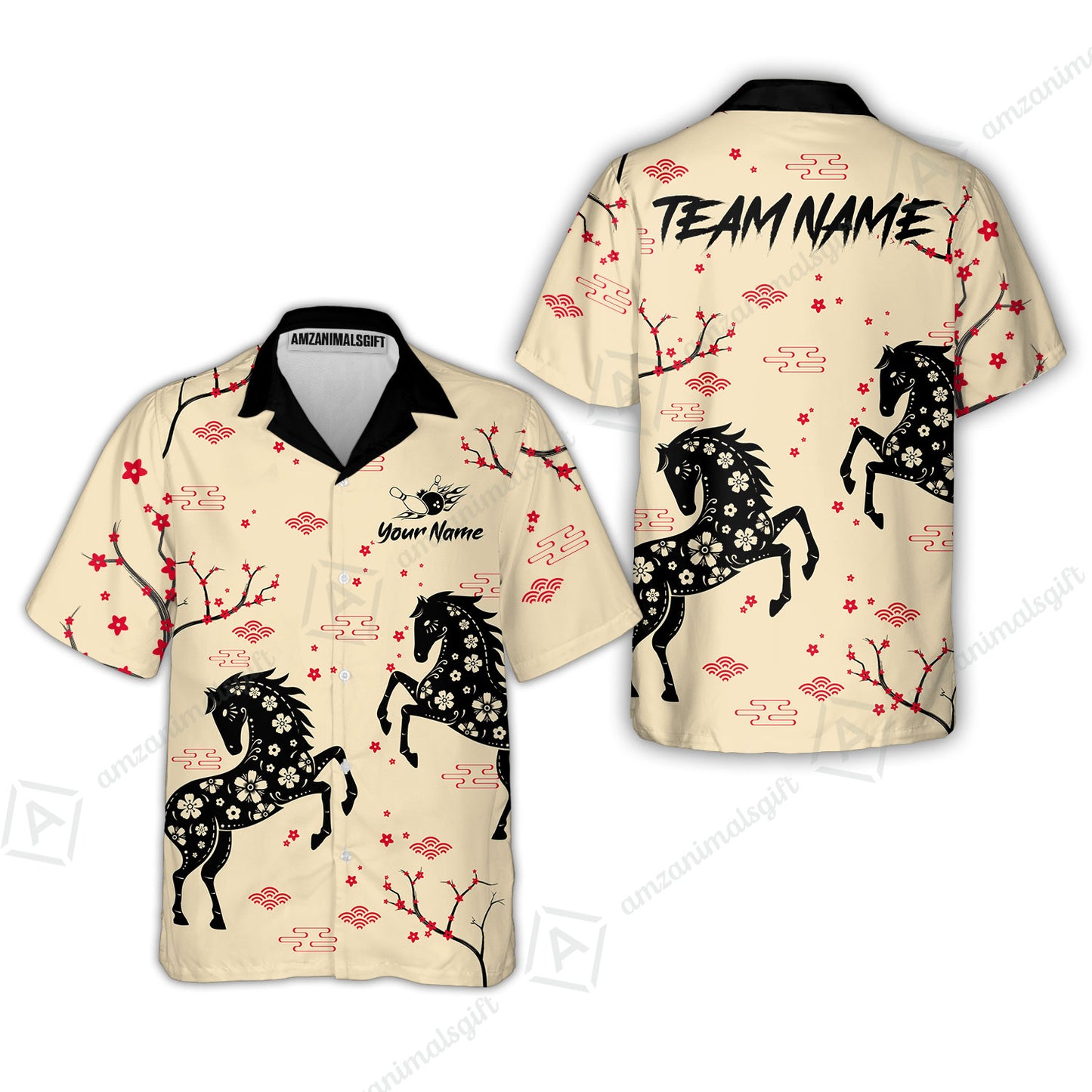 Customized Bowling Unisex Polo Shirt, Floral Pattern Horse Cherry Blossom, Bowling Uniform - Personalized Name Team Name