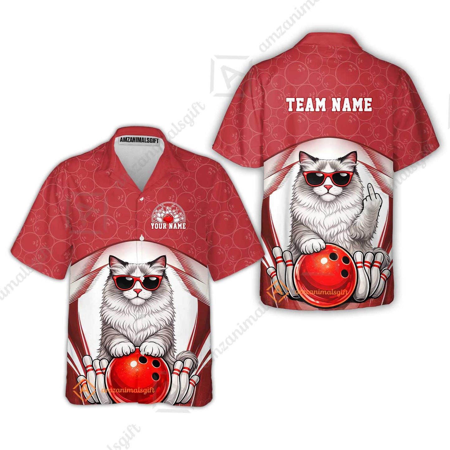 Custom Bowling Polo Shirt, Funny Cat with Sunglasses Bowling Custom Bowling Polo Team Shirt For Players With Name & Team Name