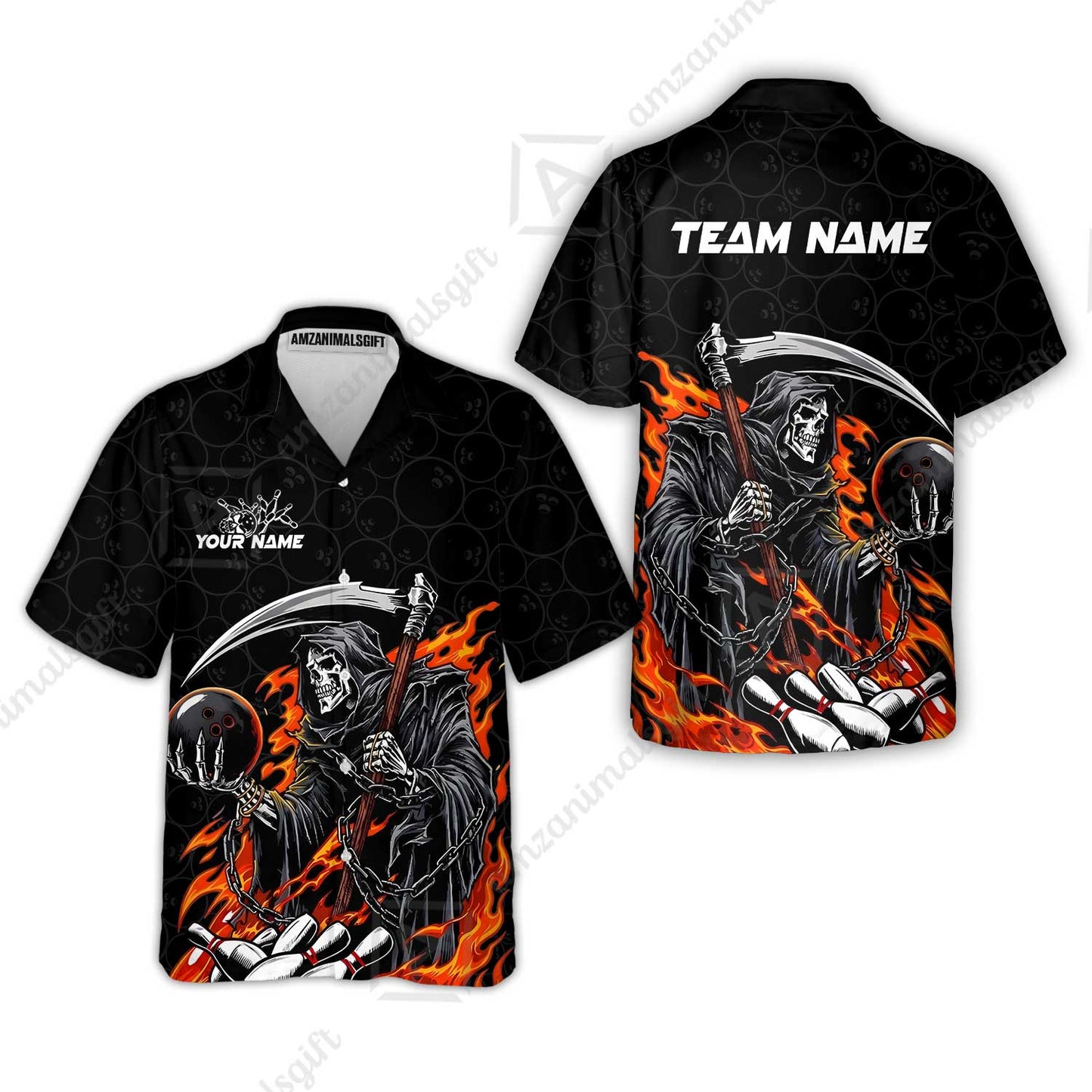 Custom Bowling Jersey Polo Shirt, Grim Reaper Holding Ball, Personalize Name and Team Name