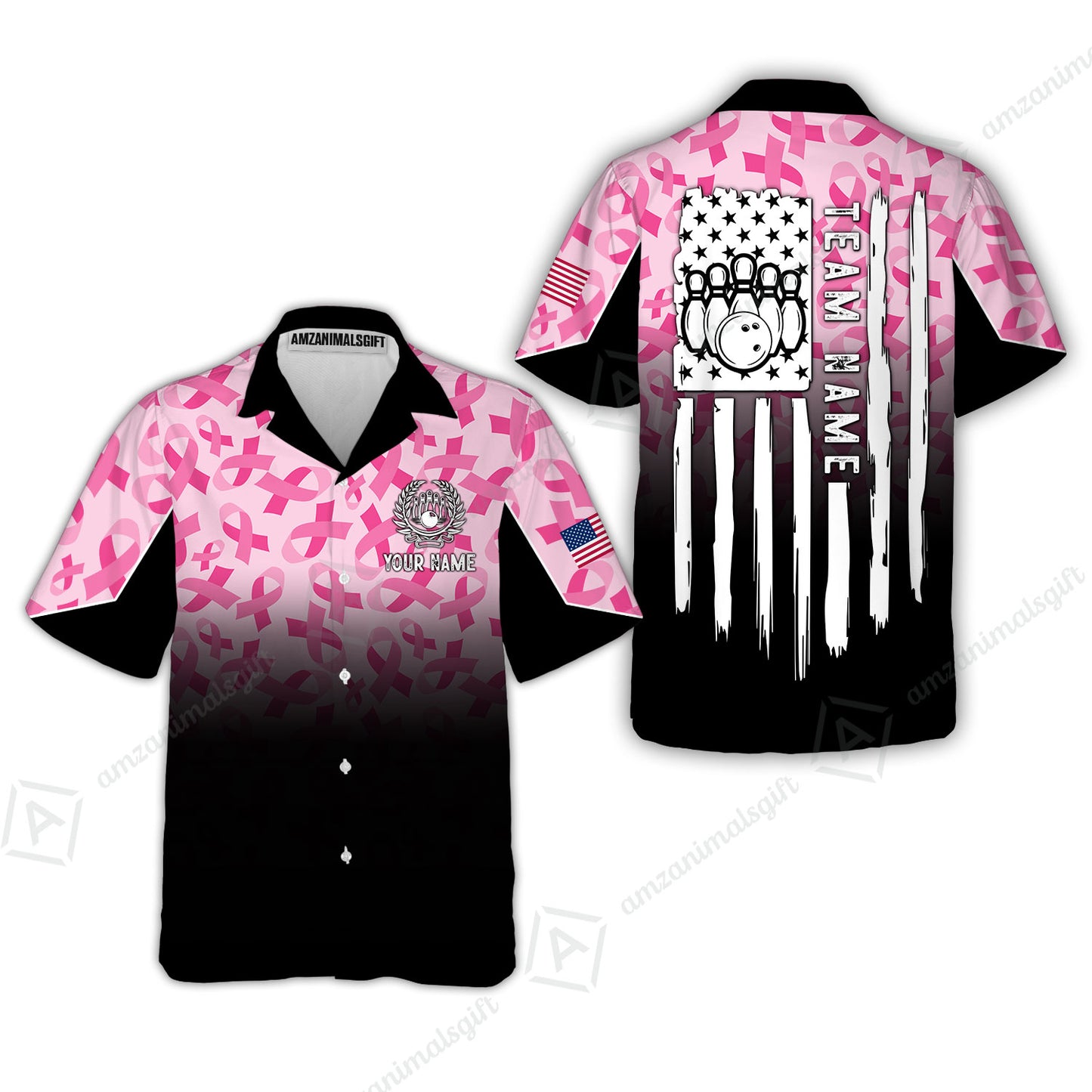 Custom Bowling Jersey Polo Shirt, Ribbon Breast Cancer Awareness Flag, Custom Bowling Jersey Team Shirt For Players With Name and Team Name