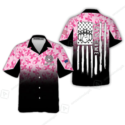 Custom Bowling Jersey Polo Shirt, Ribbon Breast Cancer Awareness Flag, Custom Bowling Jersey Team Shirt For Players With Name and Team Name