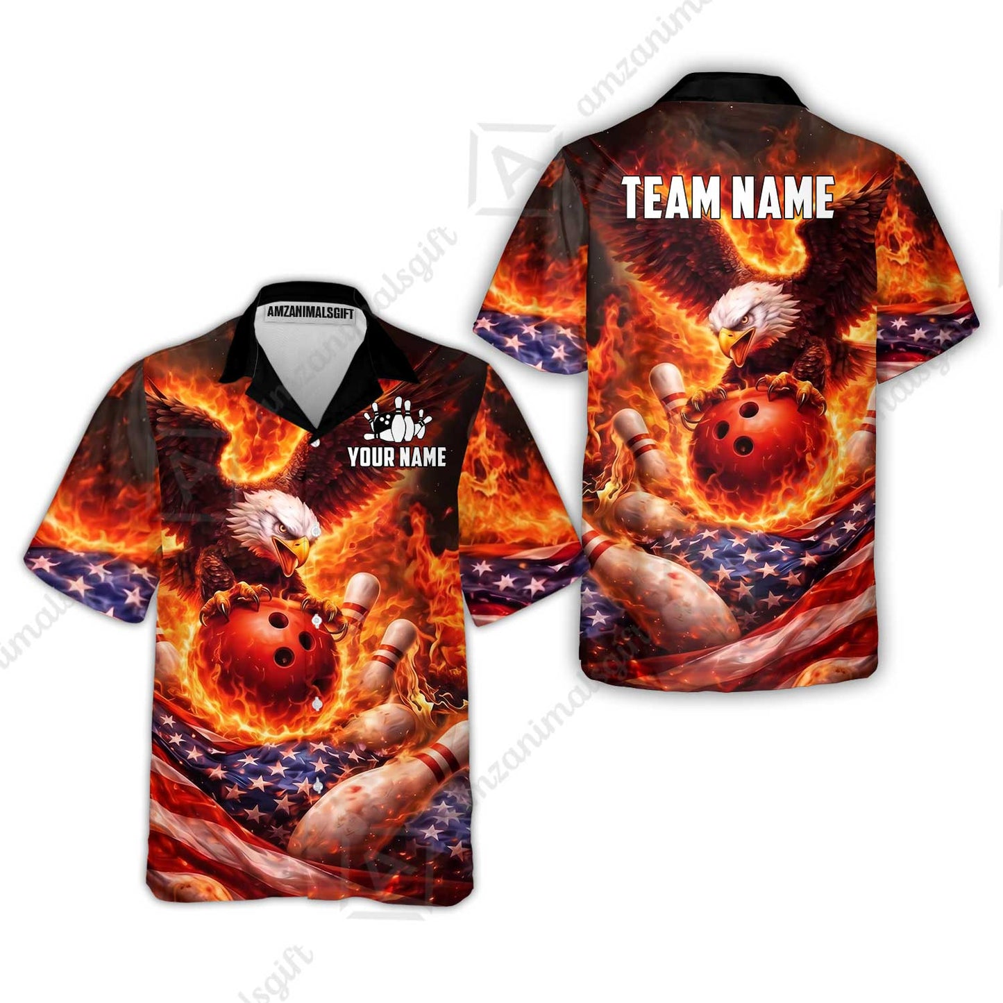 Custom Bowling Jersey Polo Shirt, Patriotic Blue Fire Eagle, Custom Bowling Jersey Team Shirt For Players With Name and Team Name
