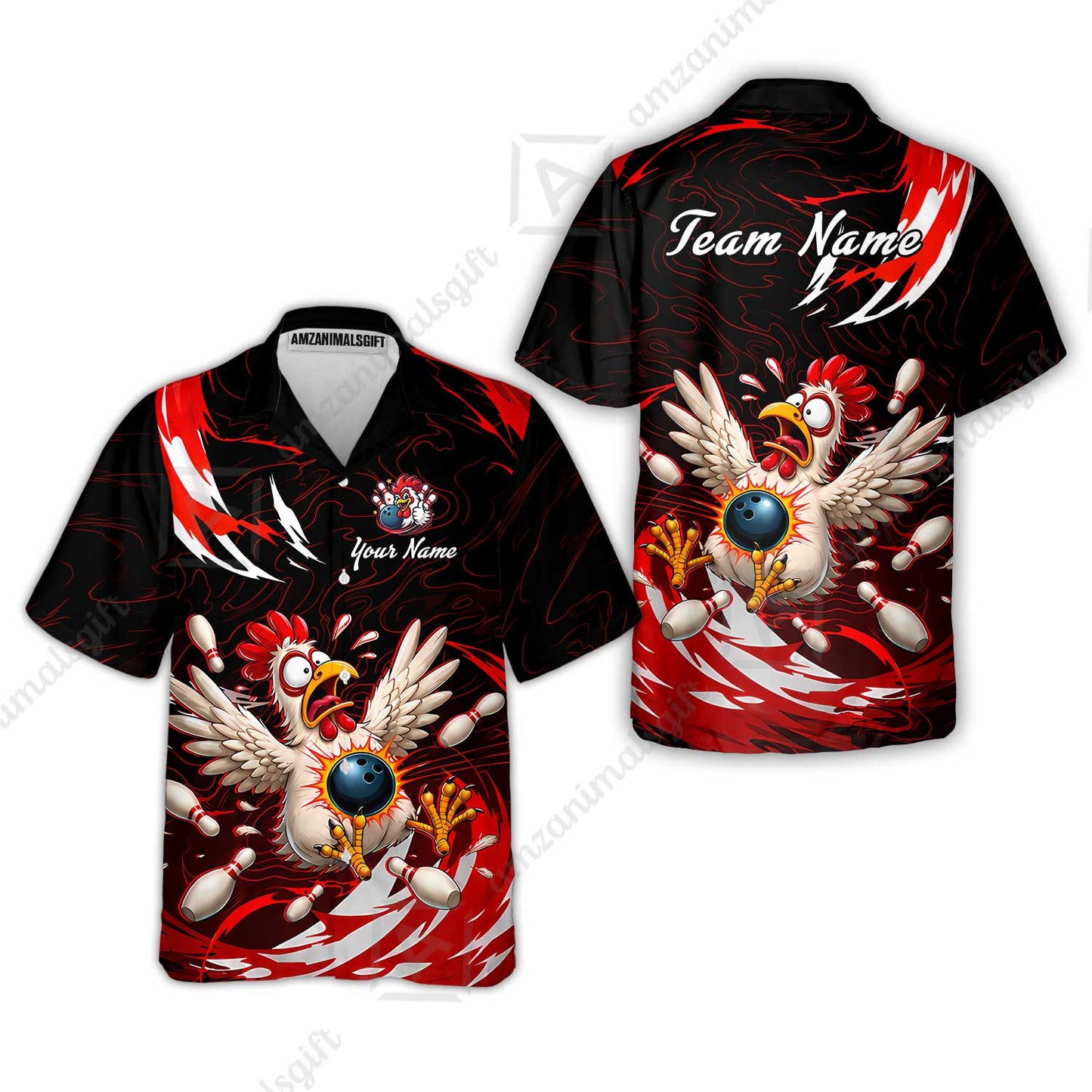 Customized Bowling Shirt, Crazy Chicken, Personalized Polo Shirt For Players With Name & Team Name