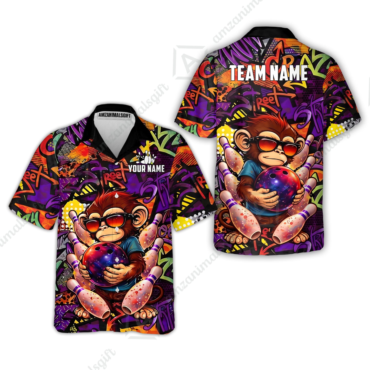 Custom Bowling Jersey Polo Shirt, Street Graffiti Funny Monkey Mascot, Custom Bowling Jersey Team Shirt For Players With Name & Team Name