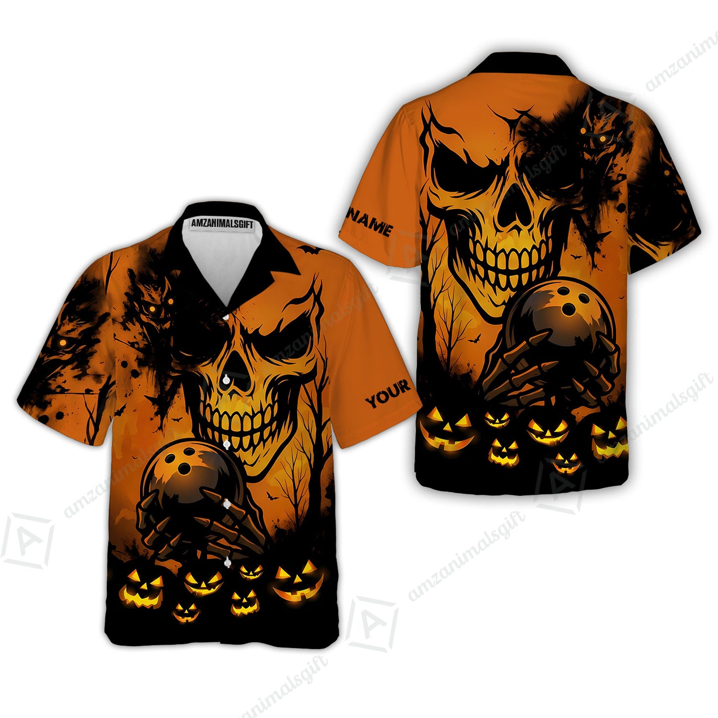 Custom Bowling Jersey Polo Shirt, Pumpkins Skull Halloween, Custom Bowling Jersey Team Shirt For Players With Name & Team Name