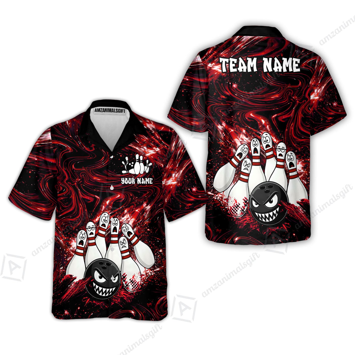 Customized Bowling Unisex Polo Shirt, Bowling Angry Ball VS Screaming Pins, Personalized Name And Team Name