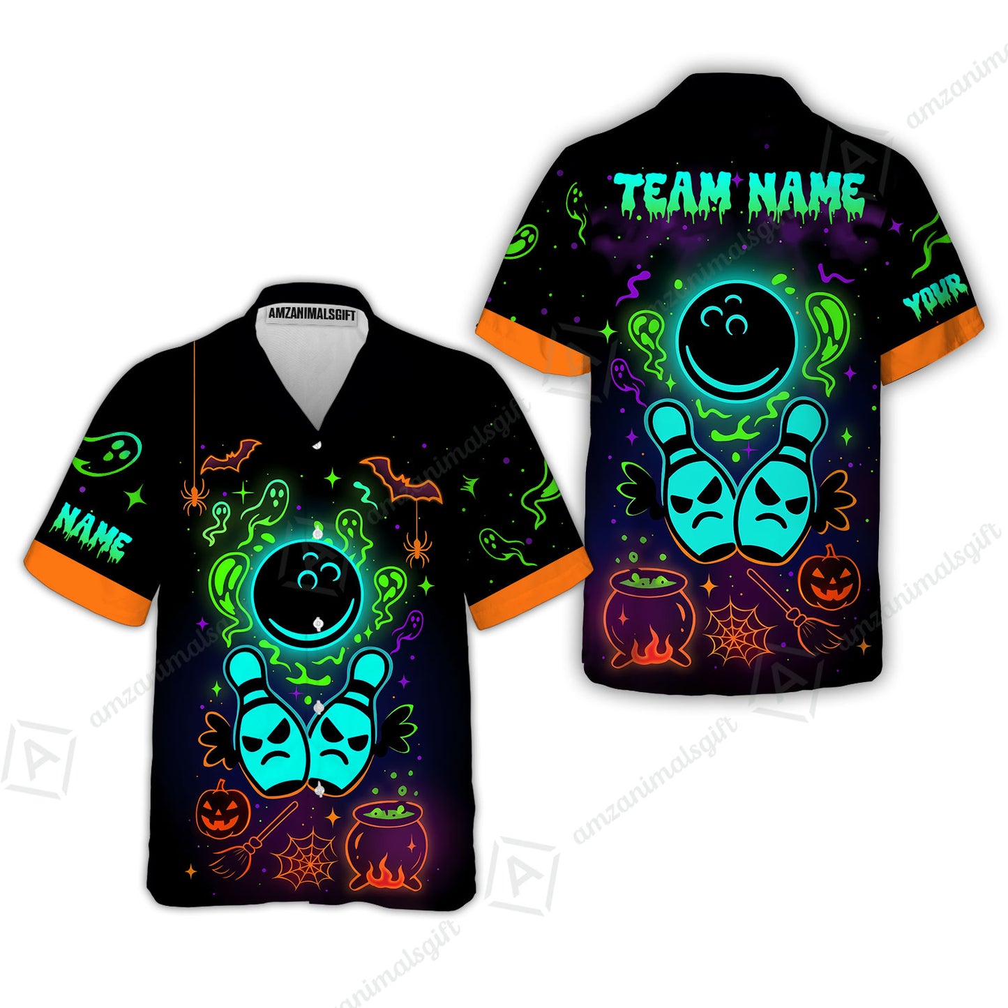 Customized Bowling Shirt, Halloween Neon Bowling, Personalized Polo Shirt For Players With Name & Team Name