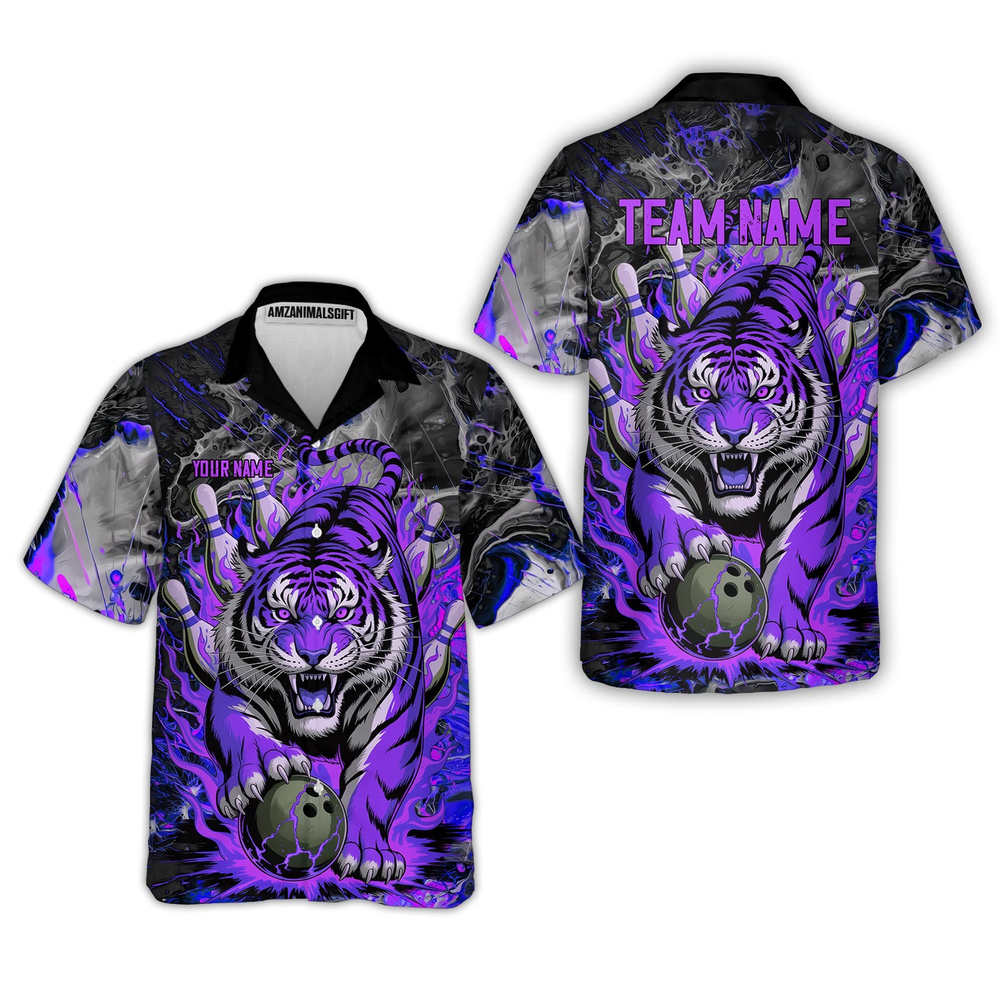 Custom Bowling Team Jersey, Tiger Gripping A Bowling Ball, Bowling Uniforms, Personalize Name And Team Name
