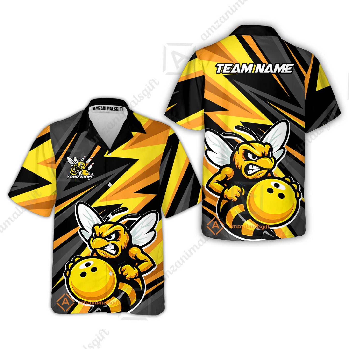 Custom Bowling Team Jersey, Bowling Angry Bee Yellow Strike  Polo Quarter-Zip Shirts, Bowling Uniforms Jerseys, Custom Name And Team Name