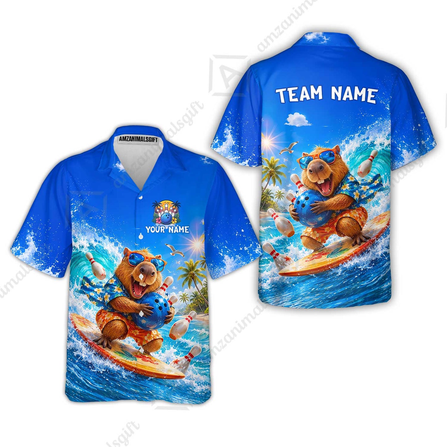 Custom Bowling Jersey Polo Shirt, Surfing Capybara, Personalized Name And Team Name