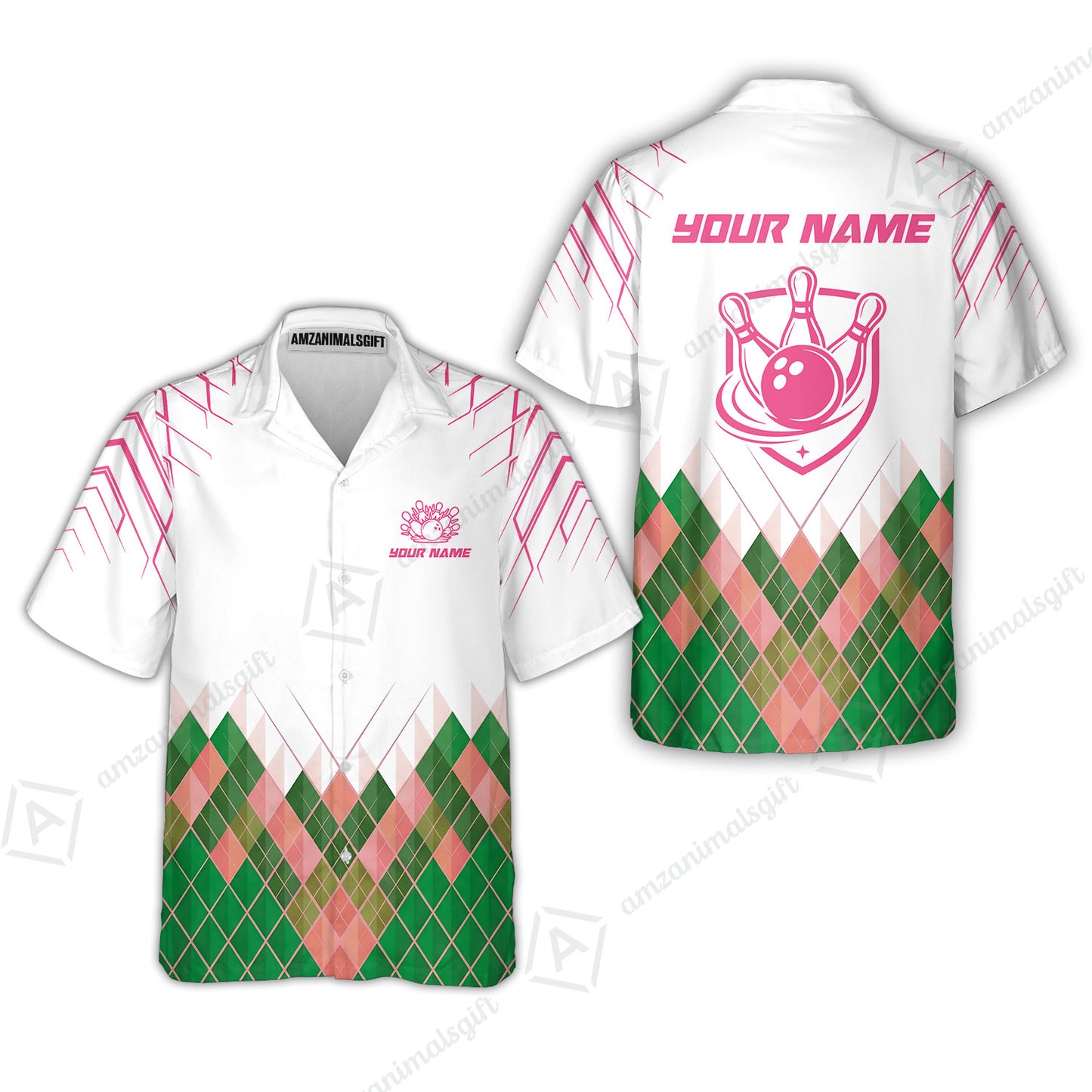 Custom Bowling Jersey Polo Shirt, Green Argyle Pattern Bowling Custom Bowling Jersey Team Shirt For Players With Name & Team Name