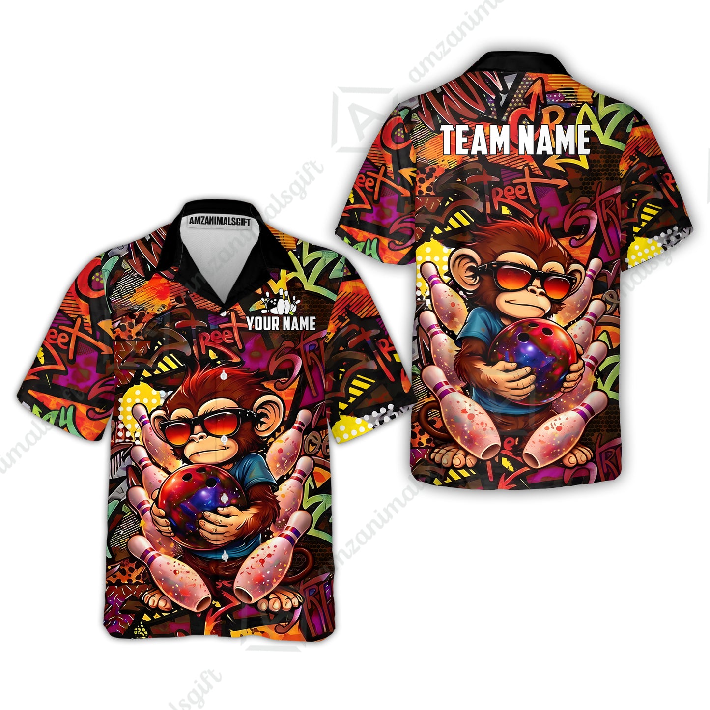 Custom Bowling Jersey Polo Shirt, Street Graffiti Funny Monkey Mascot, Custom Bowling Jersey Team Shirt For Players With Name & Team Name