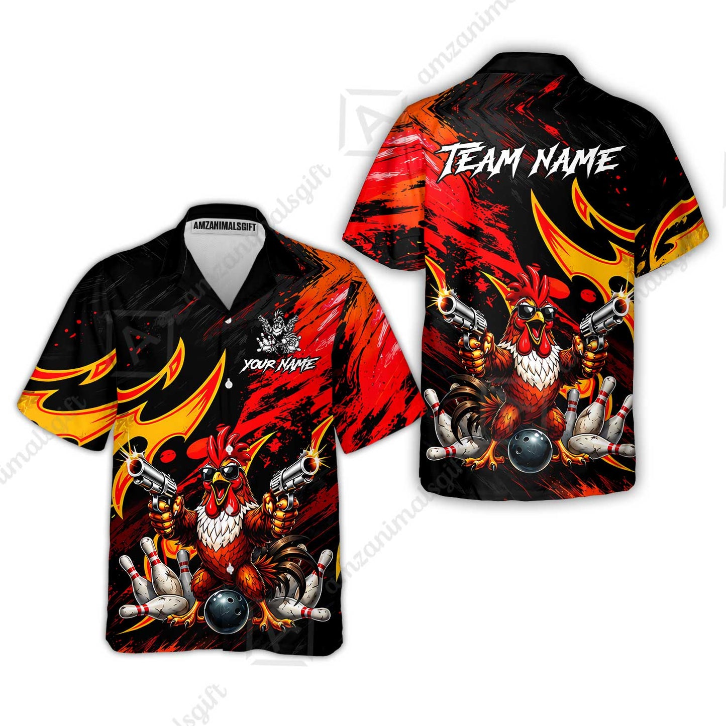 Custom Bowling Jersey Polo Shirt, Rooster With Gun, Custom Bowling Jersey Team Shirt For Players With Name and Team Name