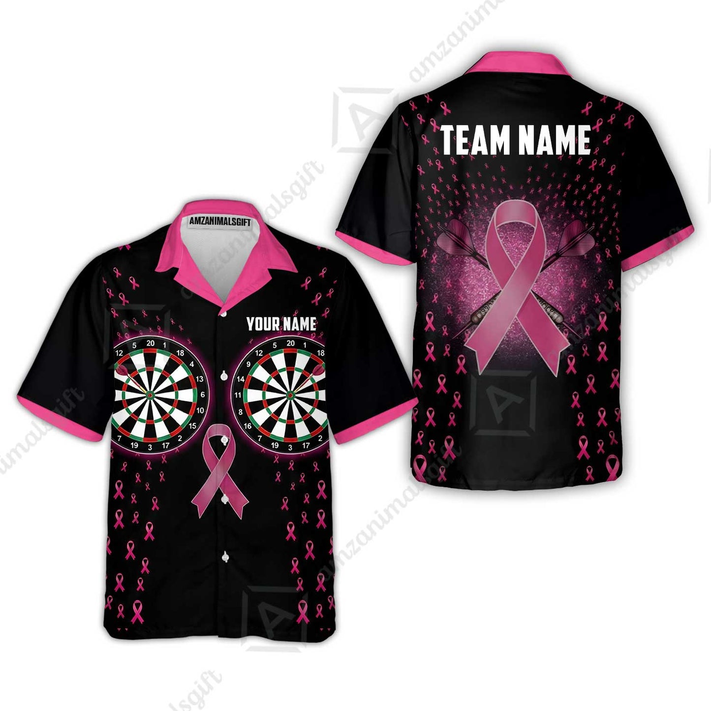 Custom Darts Team Jersey, Personalized Pink Ribbon Darts Polo Shirt For Players With Name & Team Name