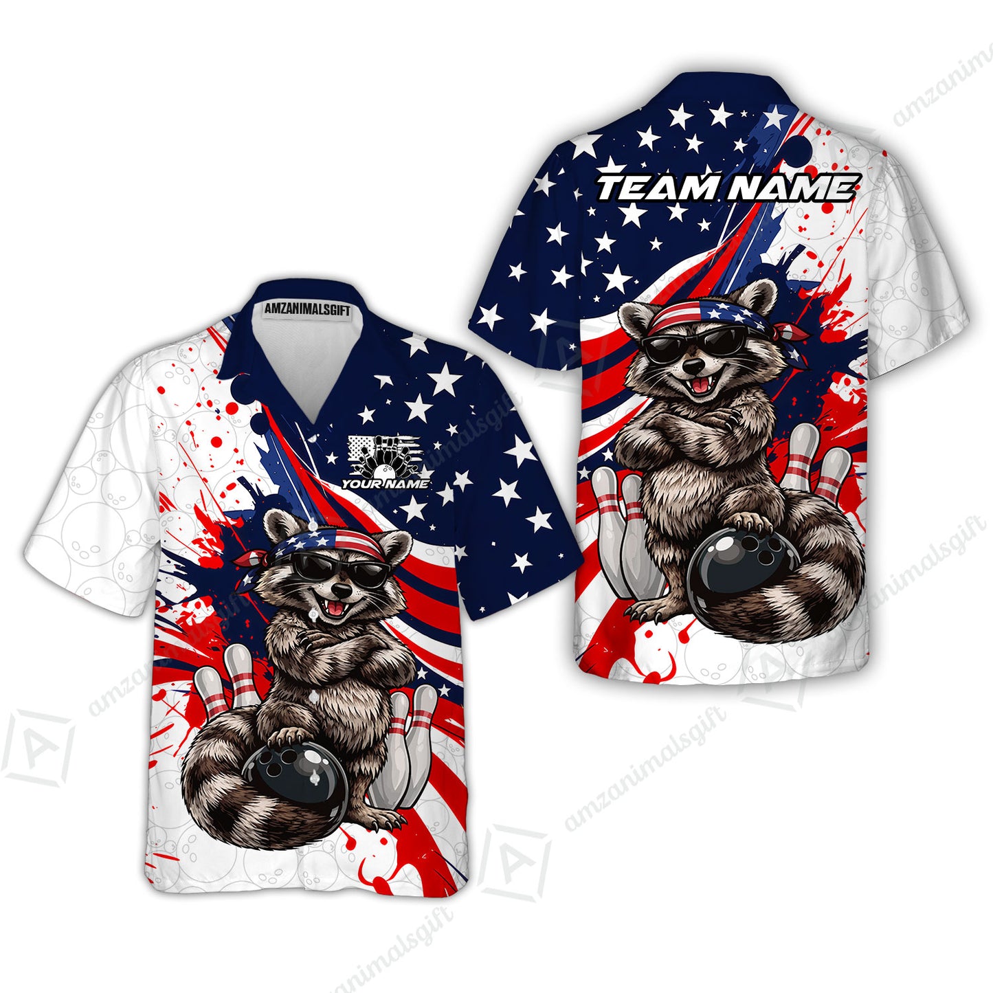 Custom Bowling Jersey Polo Shirt, Patriotic Cool Raccoon Mascot, Custom Bowling Jersey Team Shirt For Players With Name and Team Name