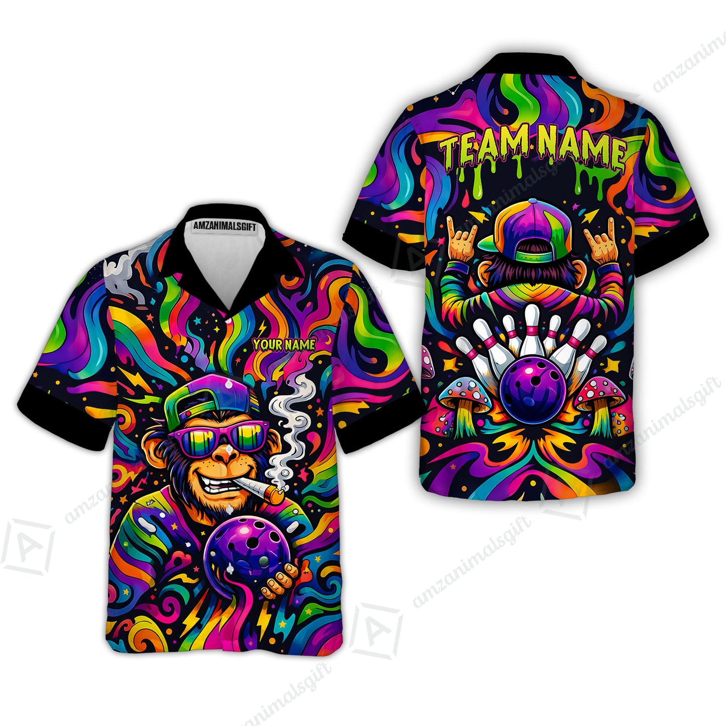 Custom Bowling Jersey Polo Shirt, Psychedelic Trippy Smoking Chimp, Custom Bowling Jersey Team Shirt For Players With Name and Team Name