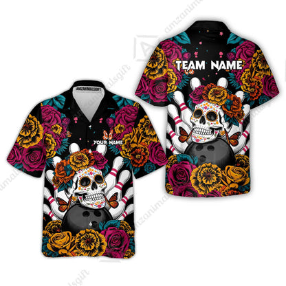 Custom Bowling Jersey Polo Shirt, Floral Skull Bowling, Personalize Name and Team Name