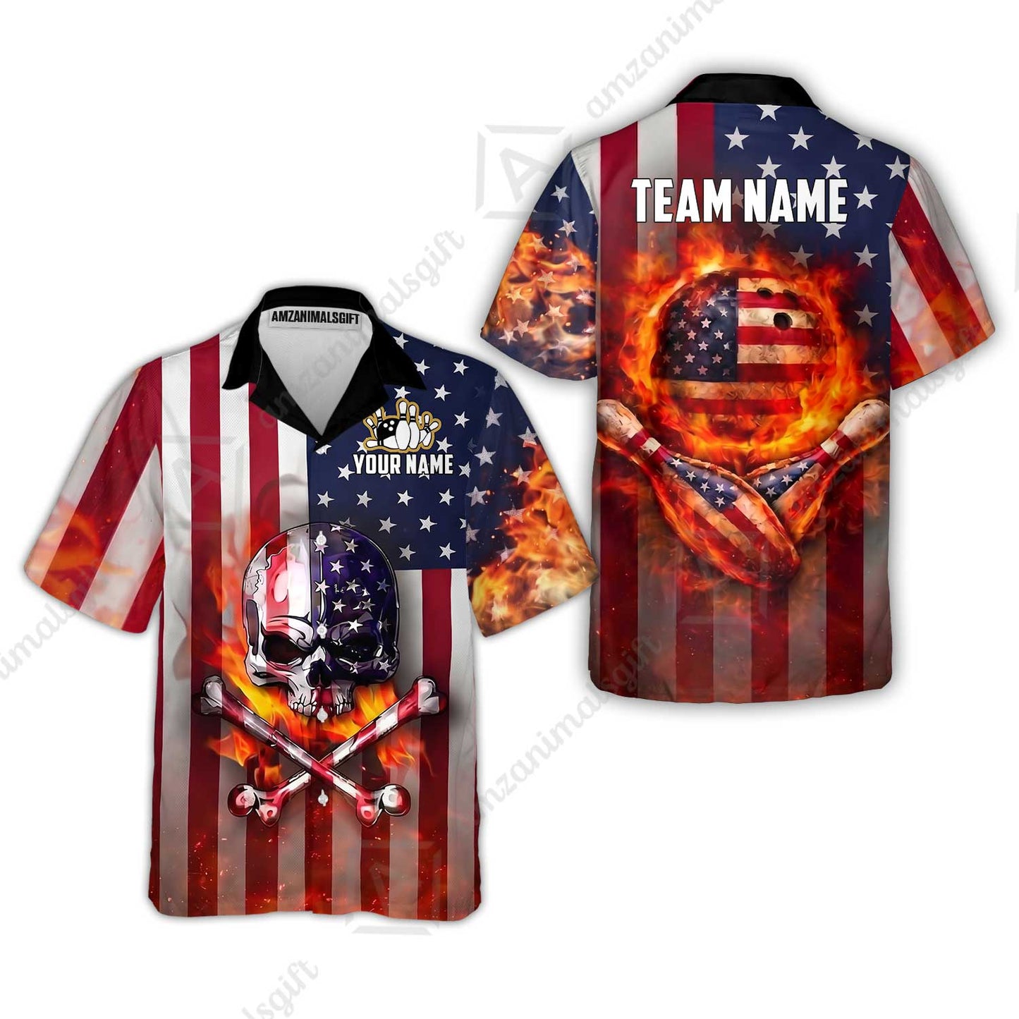 Customized Patriotic Flaming Skull Bowling Jersey, Custom Name And Team Name For Bowlers