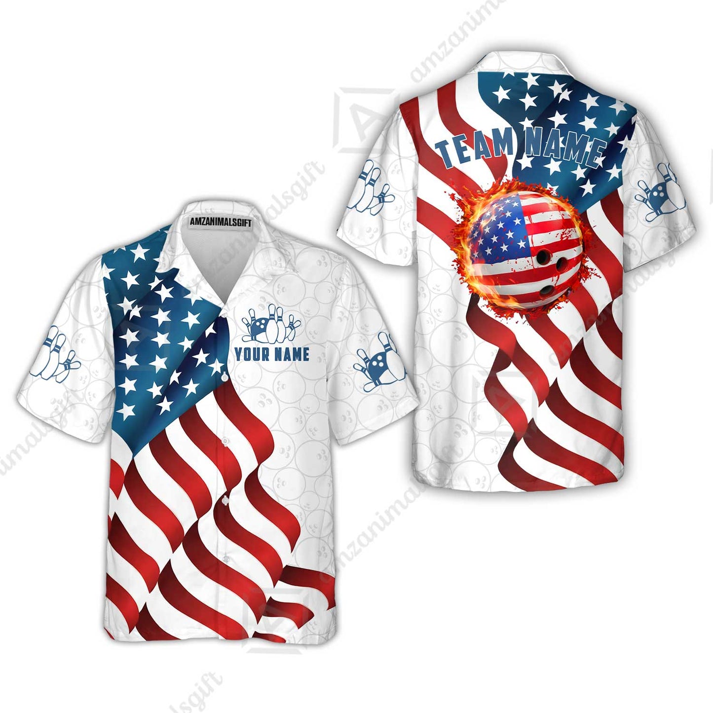 Custom Bowling Jersey Polo Shirt, Patriotic Waving USA Flag Fireball, Custom Bowling Jersey Team Shirt For Players With Name and Team Name
