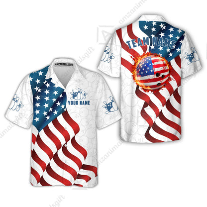 Custom Bowling Jersey Polo Shirt, Patriotic Waving USA Flag Fireball, Custom Bowling Jersey Team Shirt For Players With Name and Team Name
