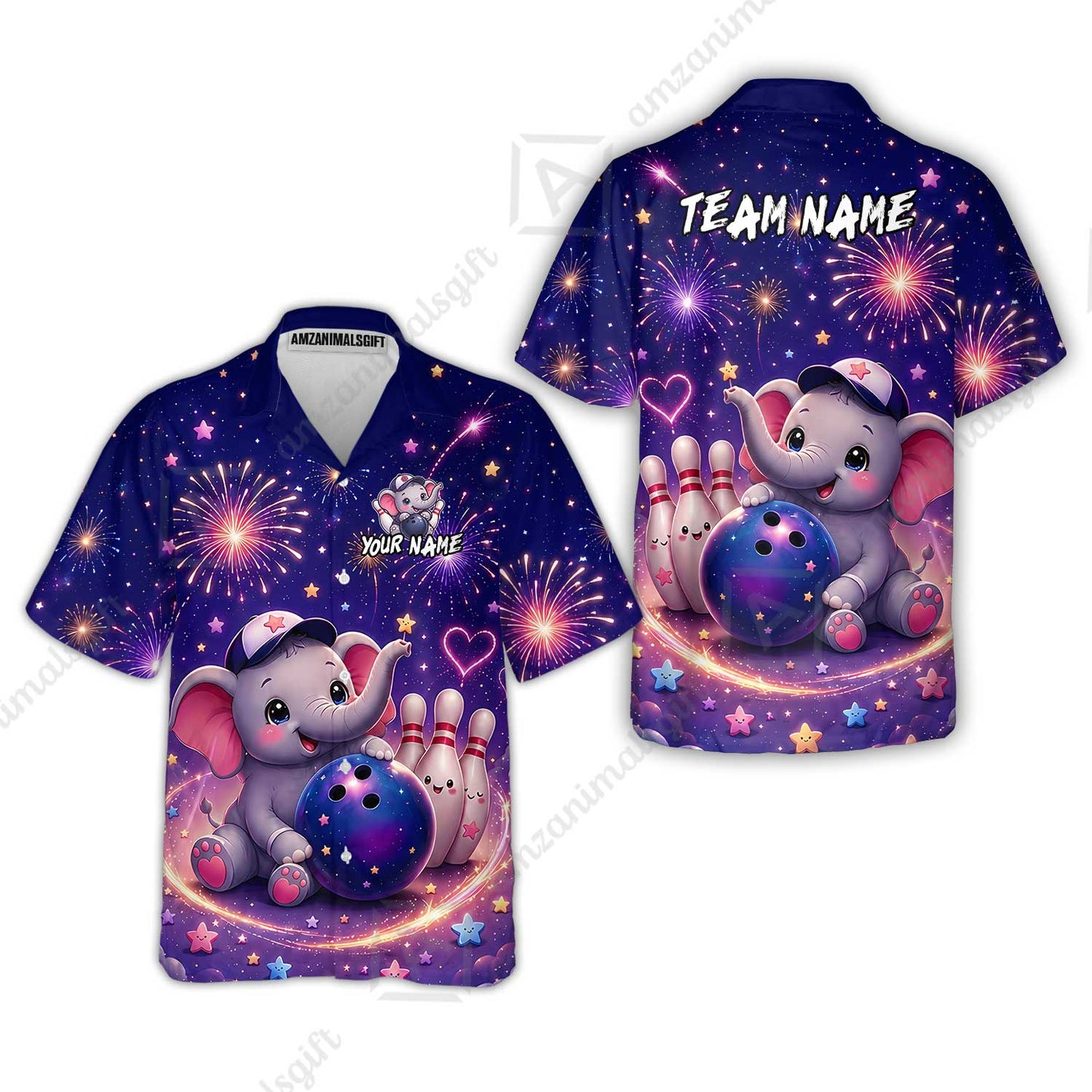 Custom Bowling Jersey Polo Shirt, Cute Elephant Holding Ball, Personalize Name and Team Name