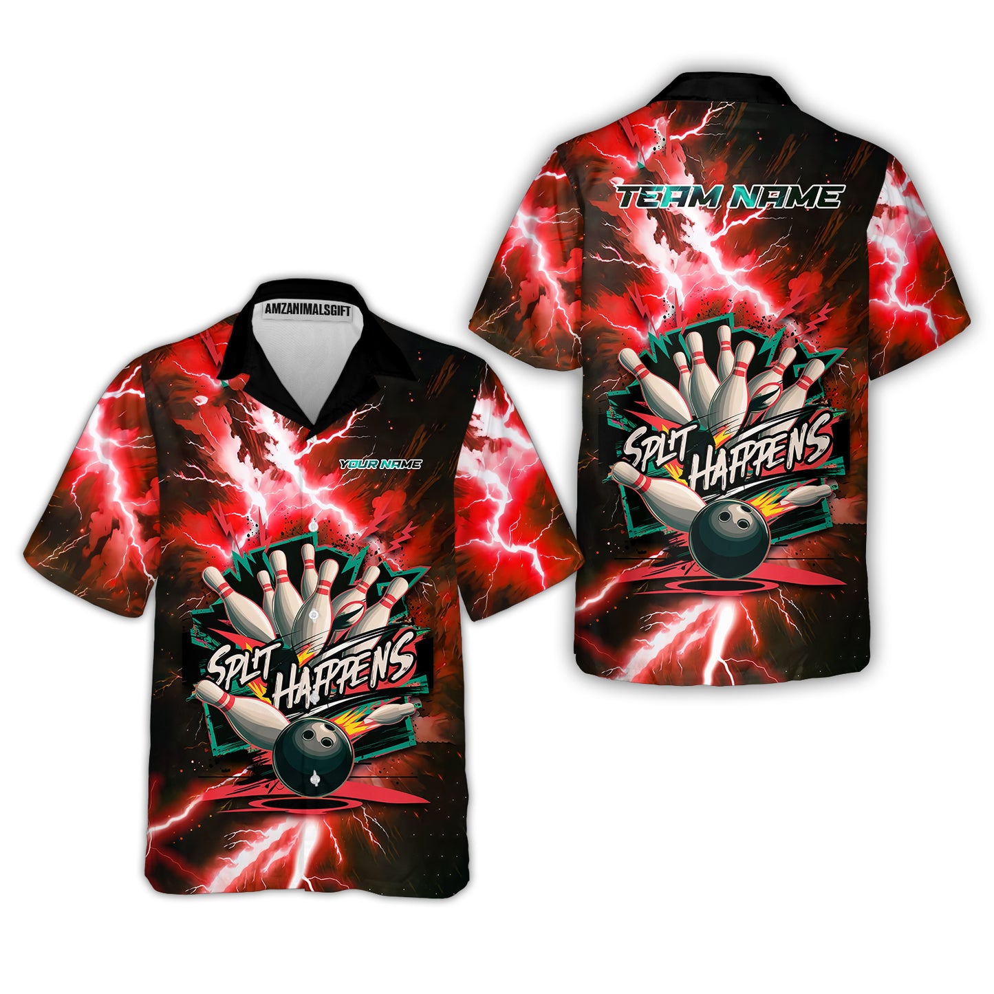 Custom Bowling Team Jersey, Split Happens - Electric Lightning, Bowling Uniforms, Personalize Name And Team Name
