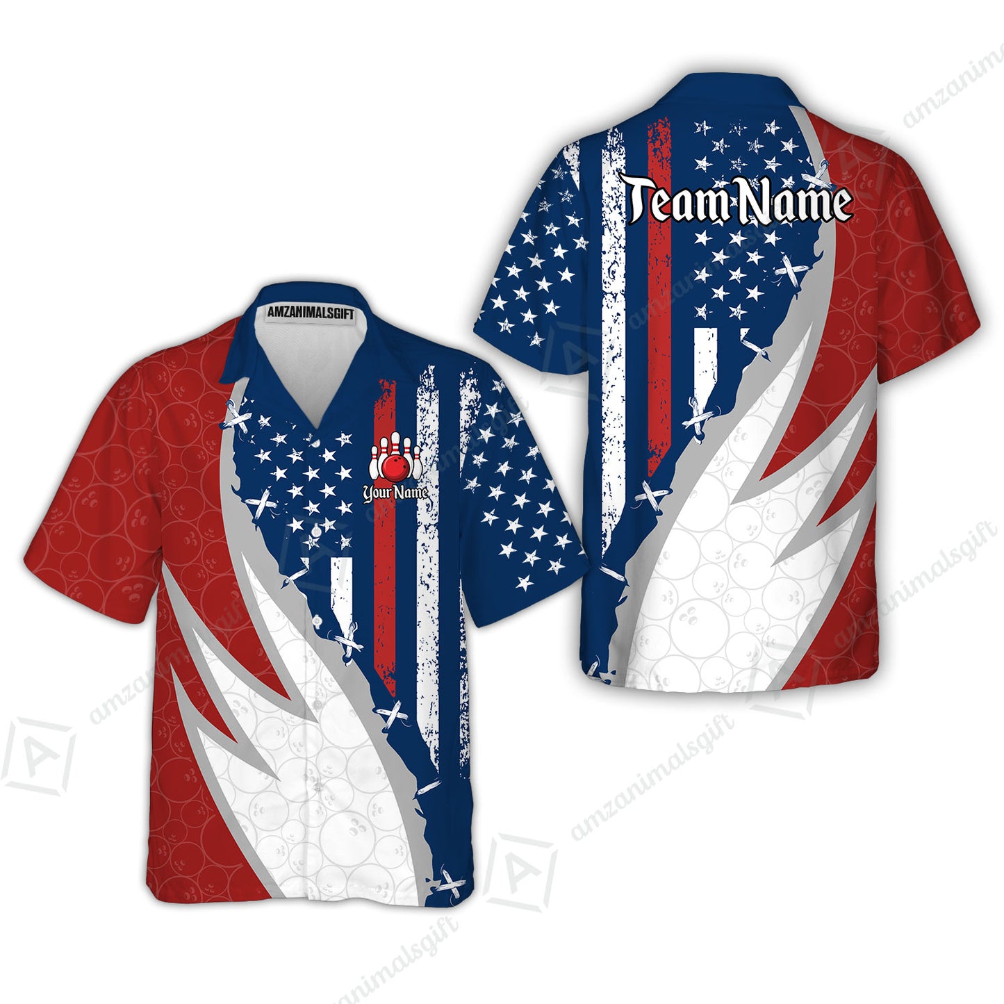 Custom Bowling Jersey Polo Shirt, Thin Red Line With Vintage Distressed American Flag, Personalize Name and Team Name