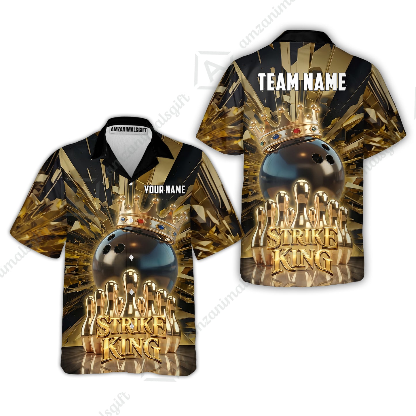 Custom Bowling Jersey Polo Shirt, Luxury Gold Strike King Crown, Custom Bowling Jersey Team Shirt For Players With Name and Team Name