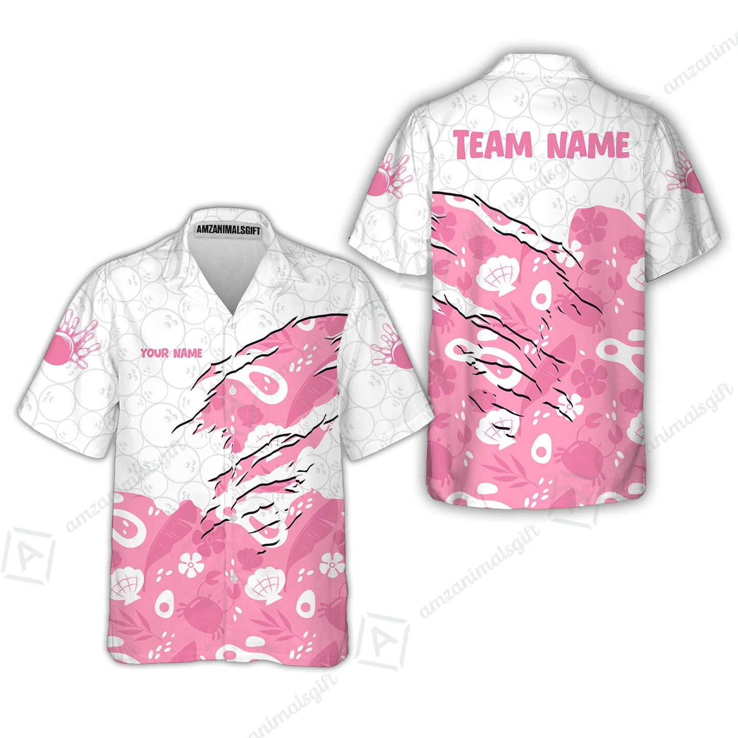 Custom Bowling Jersey Polo Shirt, Pattern Crab Half Crenate Ark Flower Glass, Personalize Name and Team Name