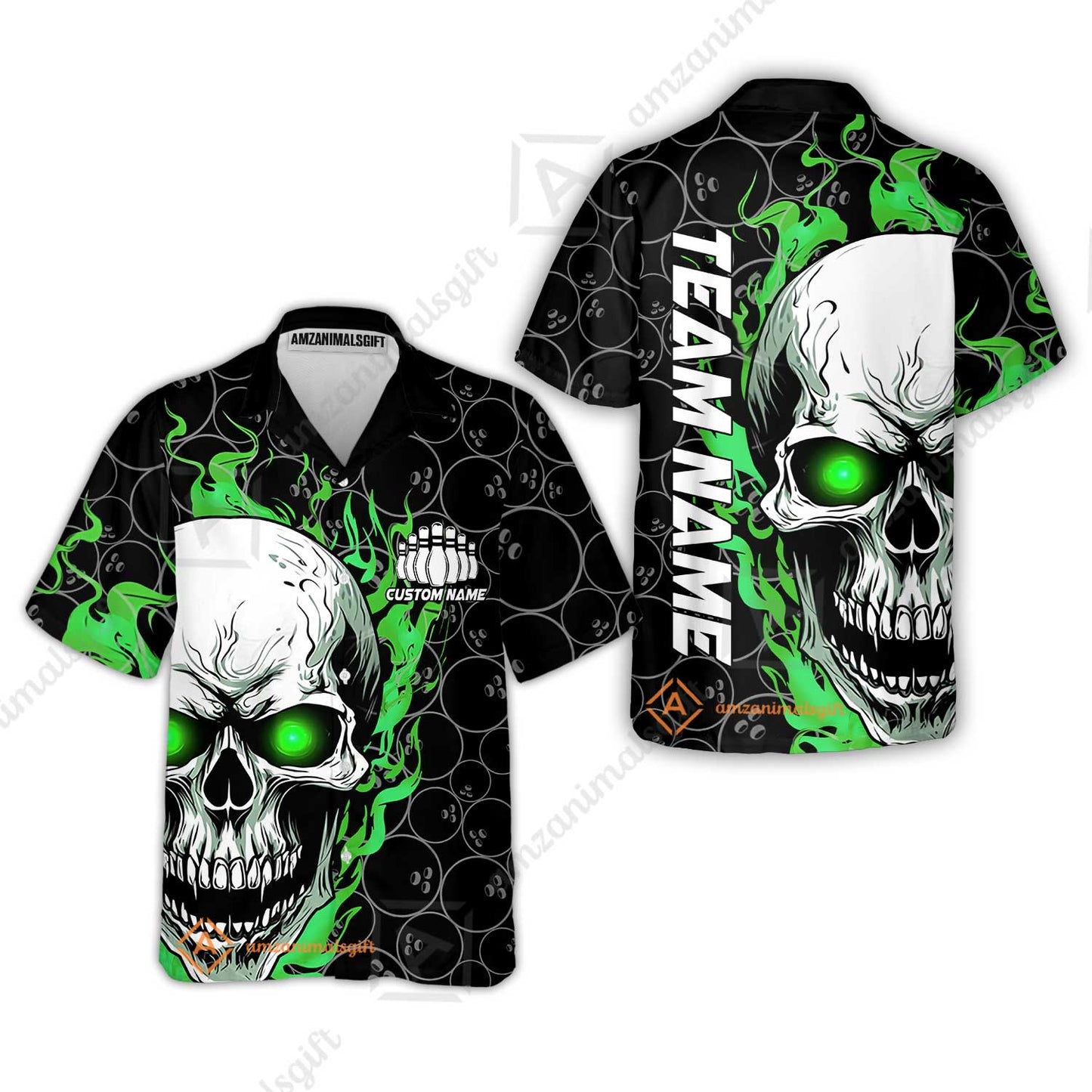 Personalized Bowling Unisex Polo Shirt, Green Flaming Skull Shirt For For Team Men Women Bowlers